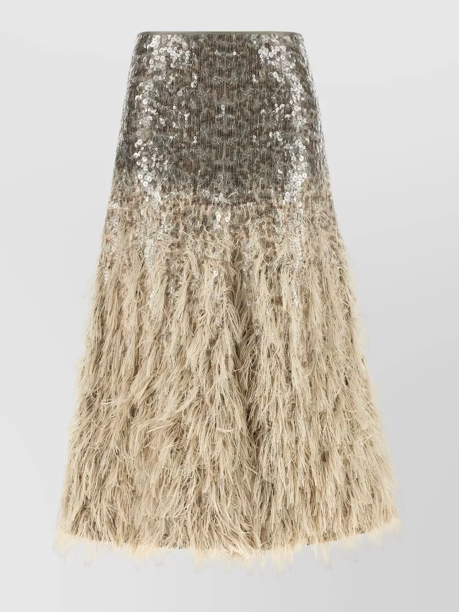 Brunello Cucinelli Silk Sequin-Embellished Fringe Midi A-Line Skirt