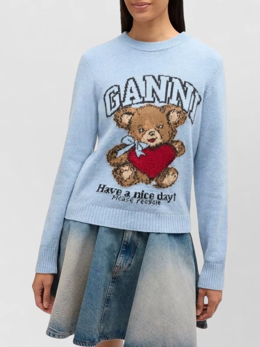 Ganni Wool Crew Neck Sweater Graphic Print