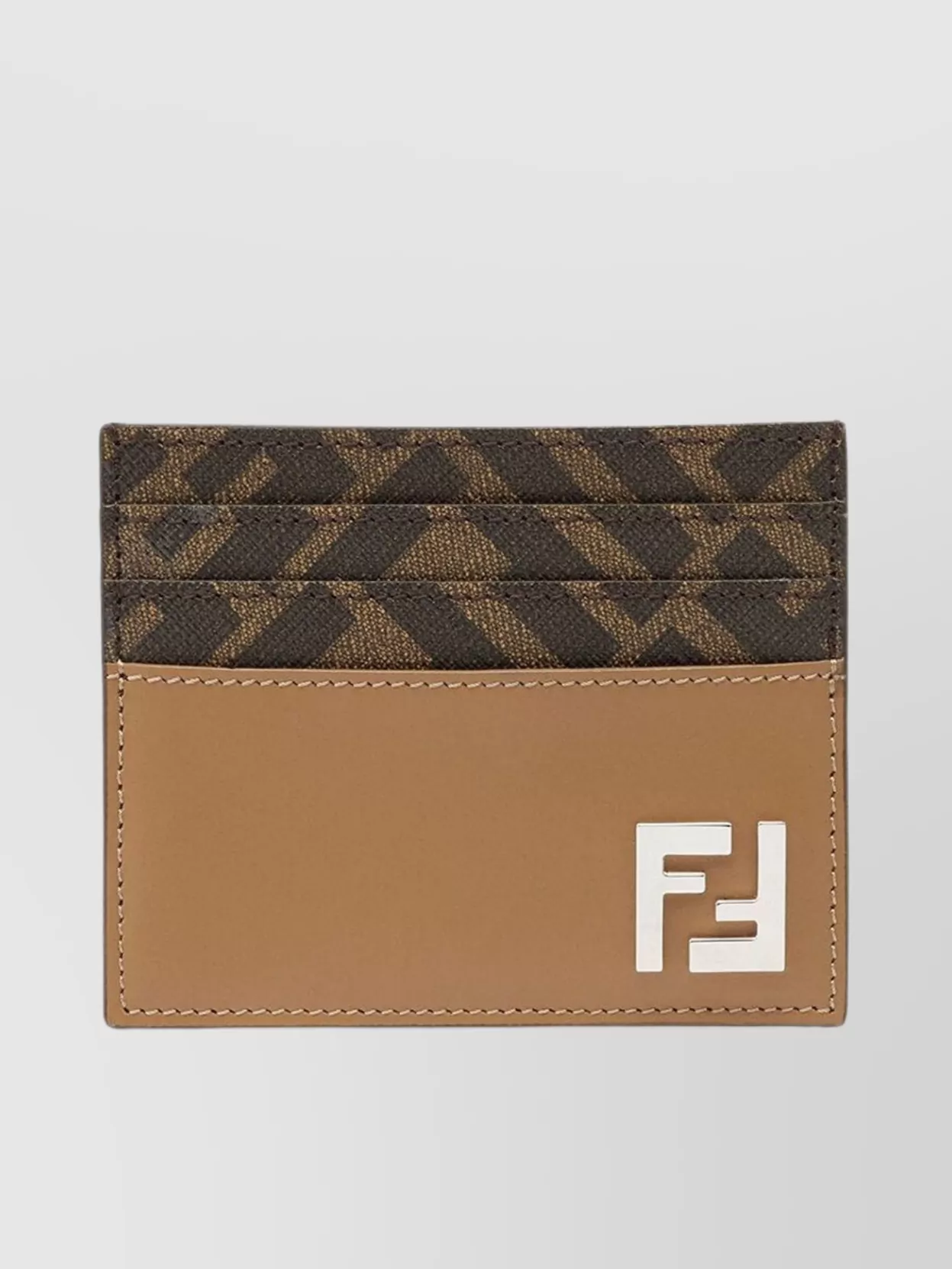 Fendi Squared Leather Card Holder With Ff Fabric Accents In Brown