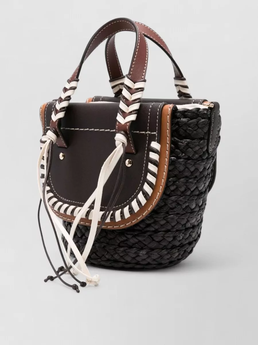 Cuba Lab Leather Straw Linen Bucket Bag