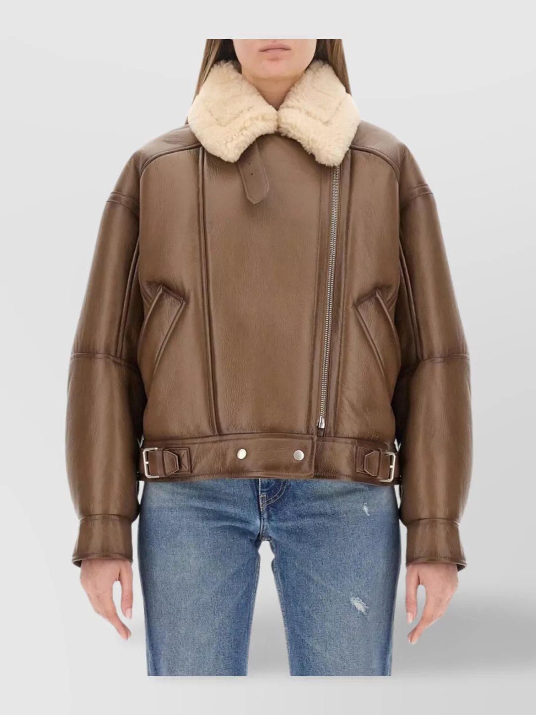 Acne Studios Buckle Detail Long Sleeve Shearling Jacket