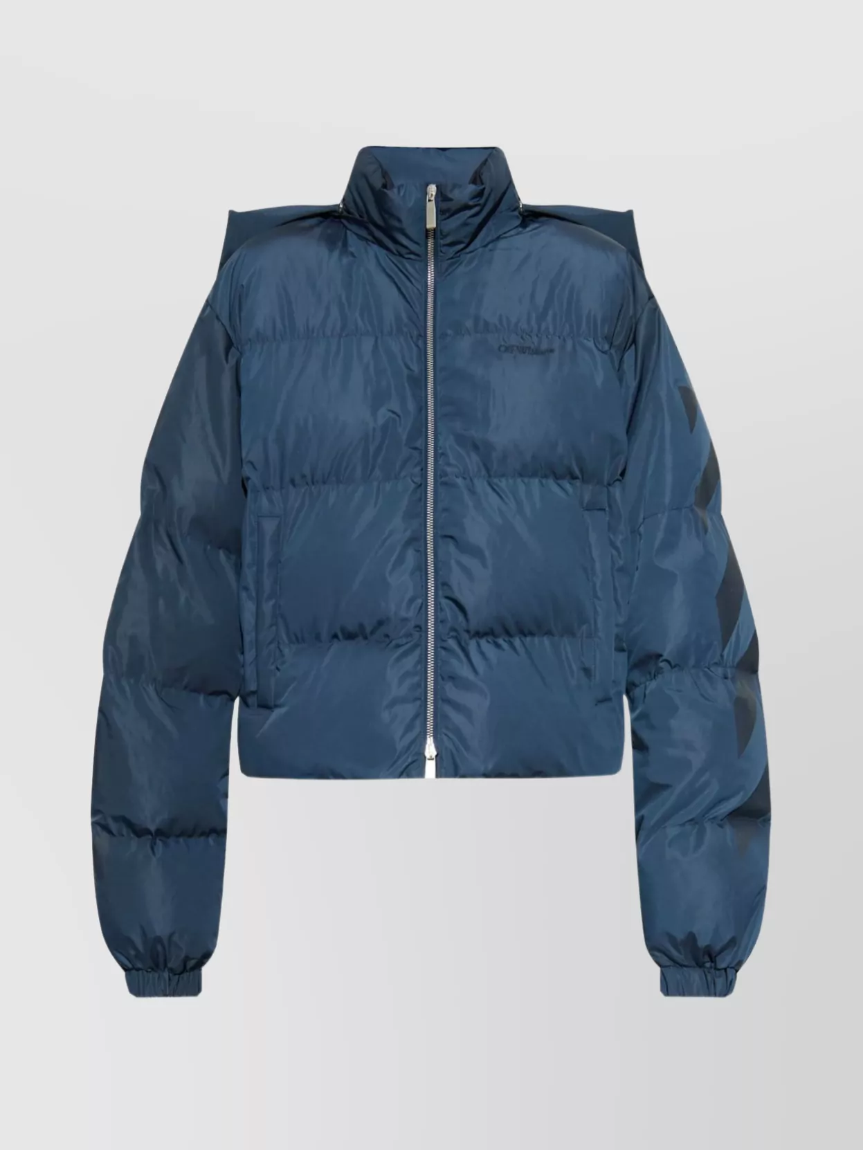Off-white Cropped Hooded Puffer Jacket With High Collar In Blue