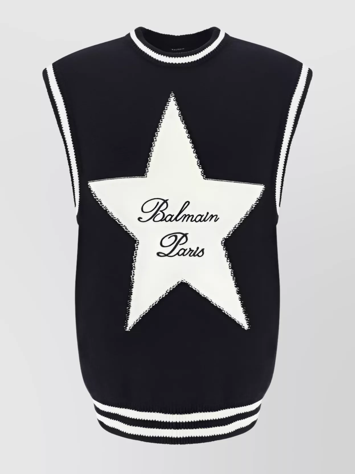 Balmain Crew Neck Knit Sweater With Star Motif In Black