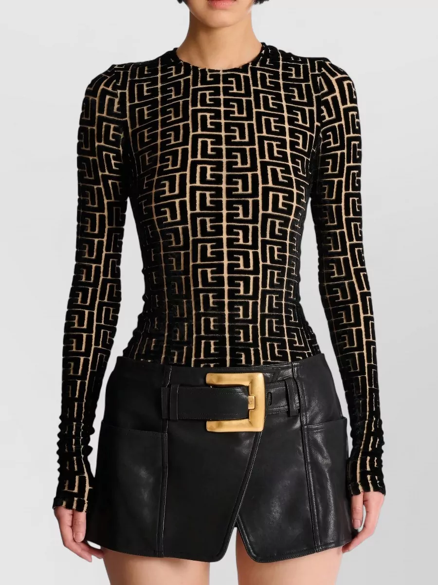 Balmain Monogram Velvet Top Fitted Long Sleeves In Brown