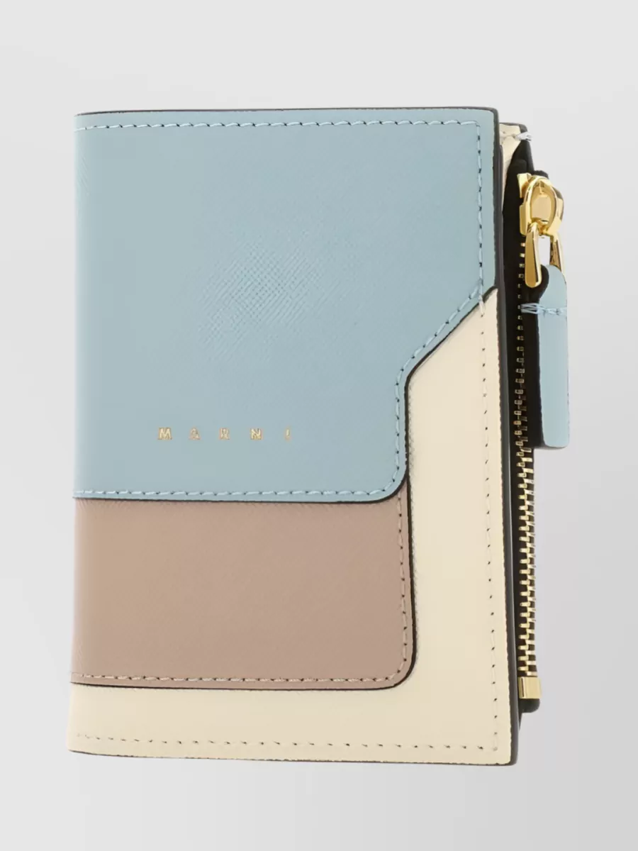 Shop Marni Grained Leather Bifold Wallet With Zip Compartment In Cyan