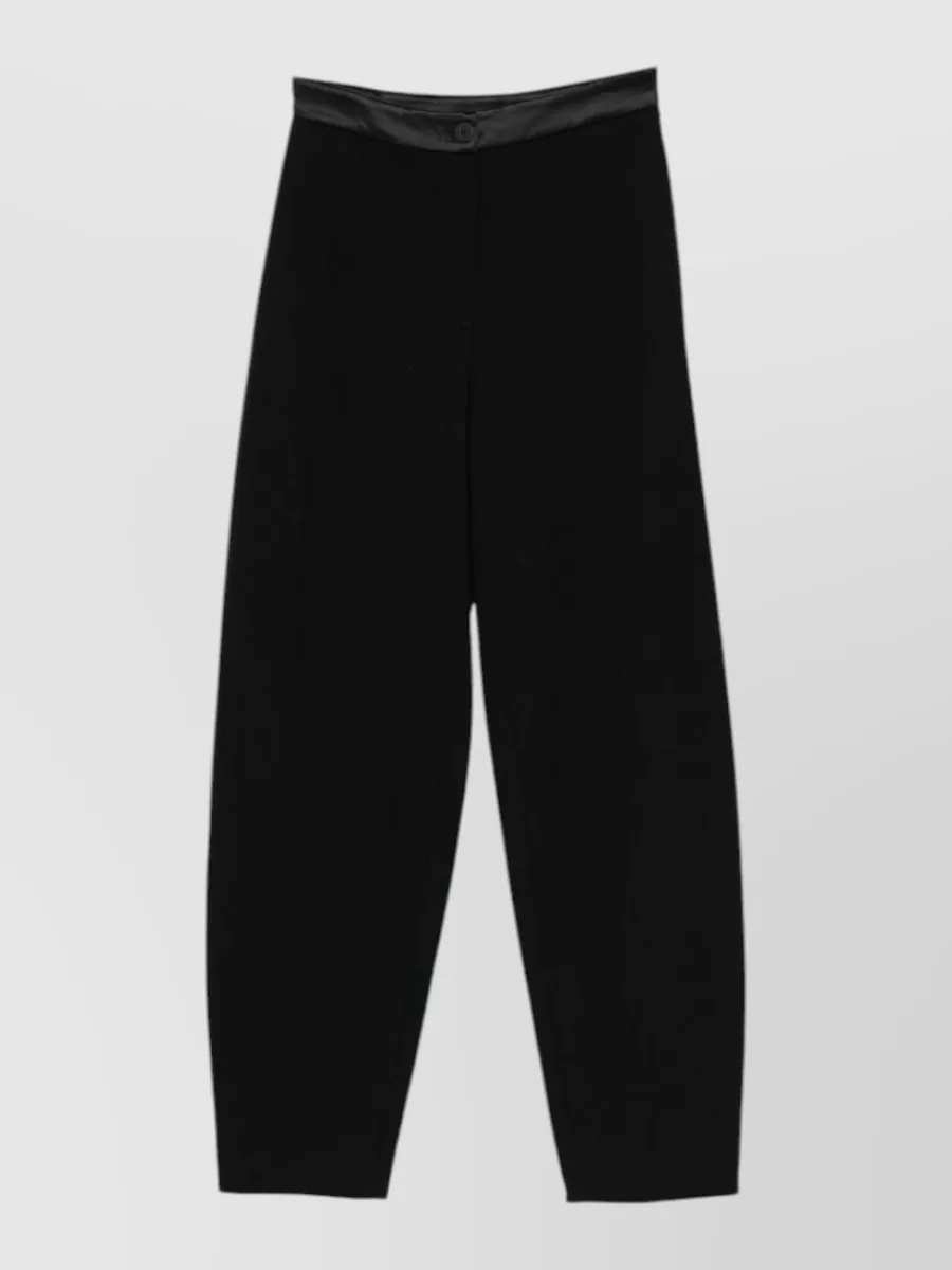Emporio Armani Satin trim tapered cropped trousers — The high-rise cropped tapered trouser matches the jacket’s formality and sharpness, and the satin waistband subtly echoes the asymmetric jacket’s refined, evening-capable mood.
