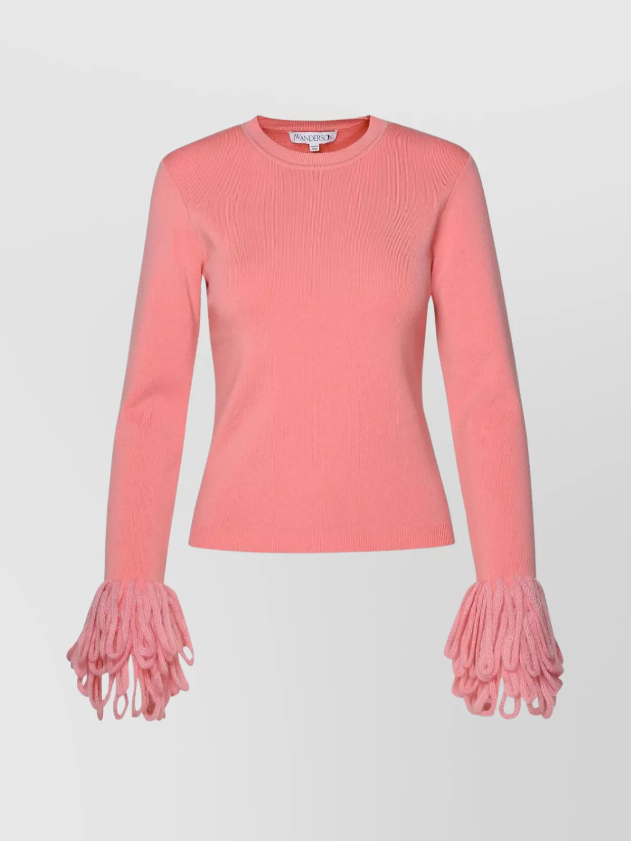 Shop Jw Anderson Wool Blend Crew Neck Sweater With Fringed Sleeves
