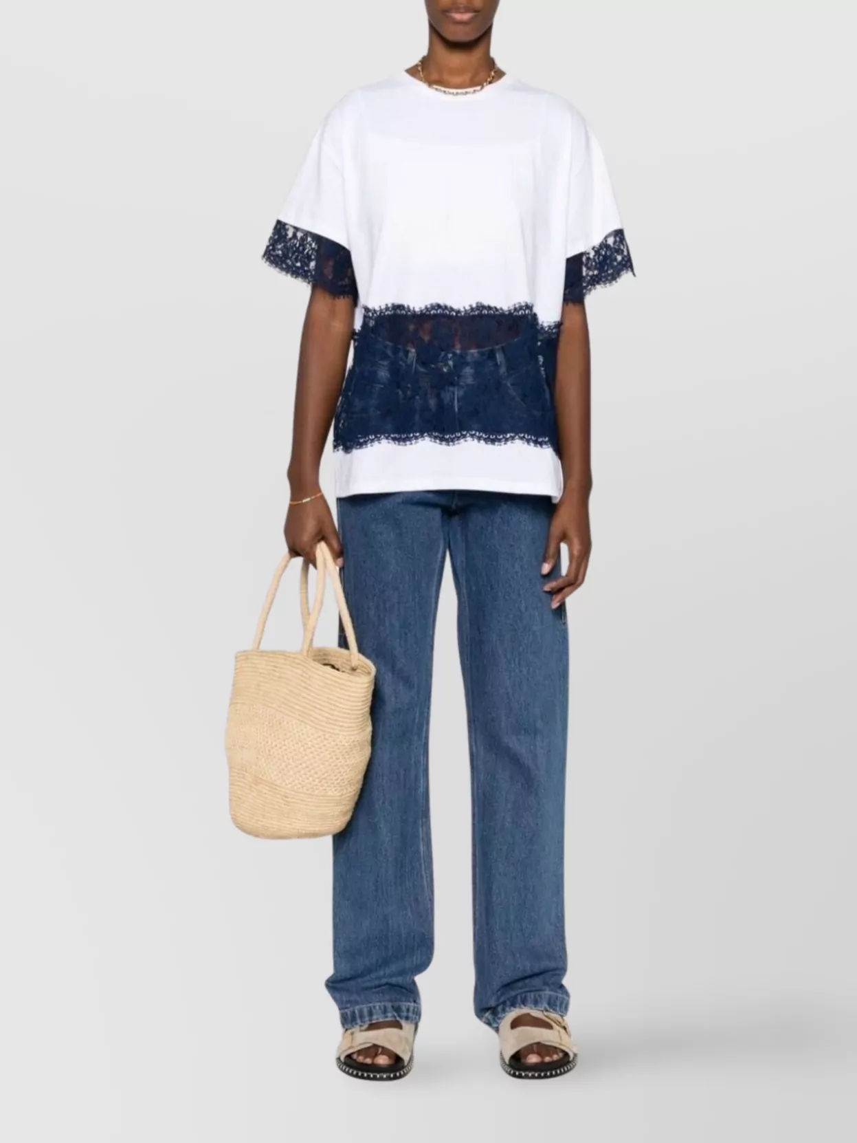 Ermanno Firenze Lace Detail Relaxed Fit Round Neck Top In Multi
