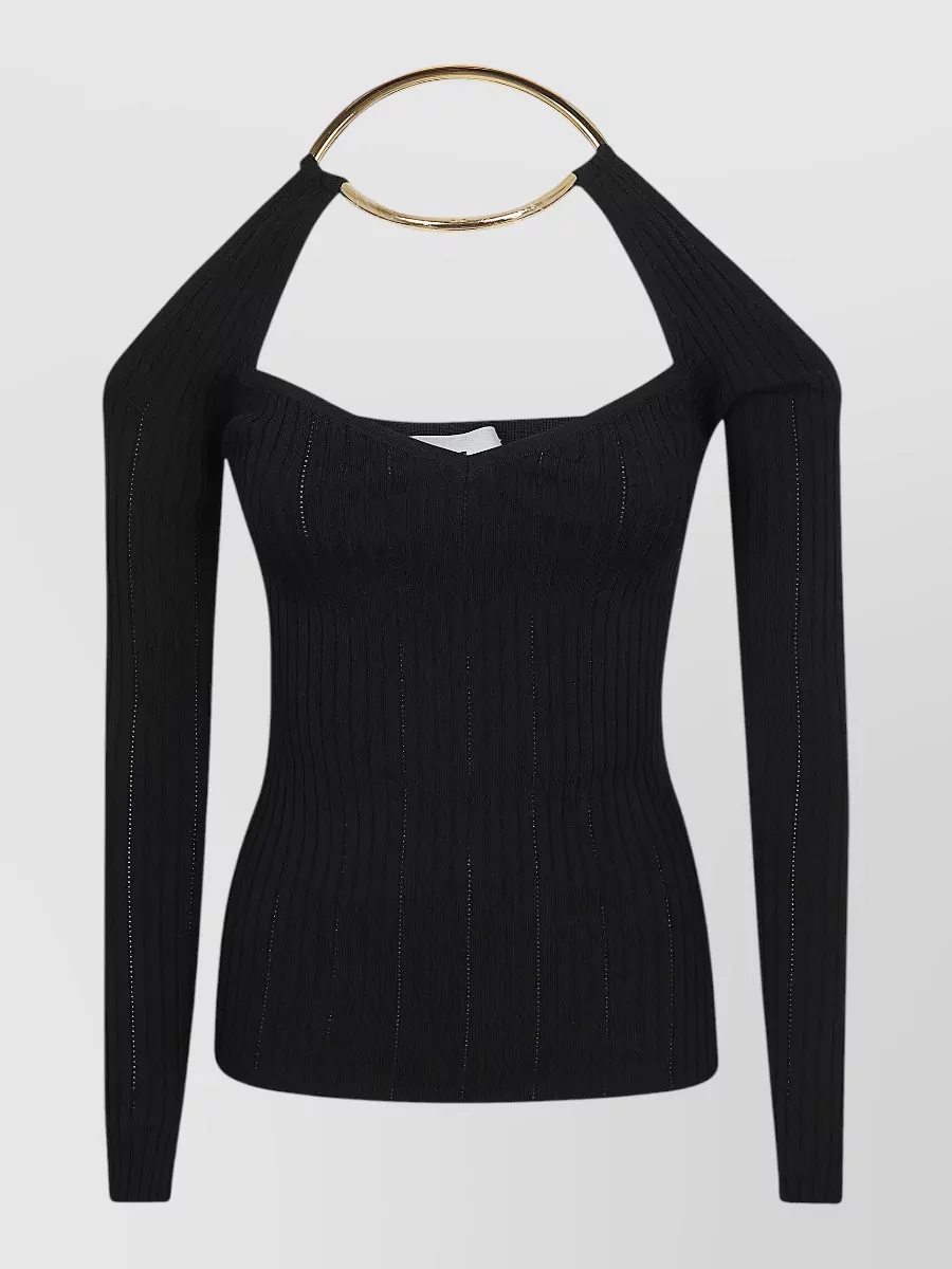 Elisabetta Franchi Ribbed Off Shoulder Long Sleeve Top
