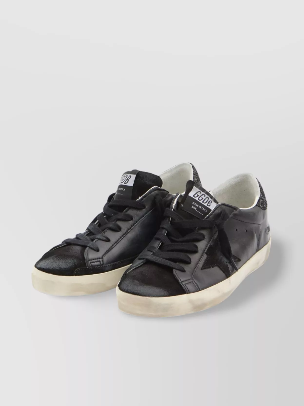 Golden Goose Glitter Heel Distressed Leather Sneakers In Black
