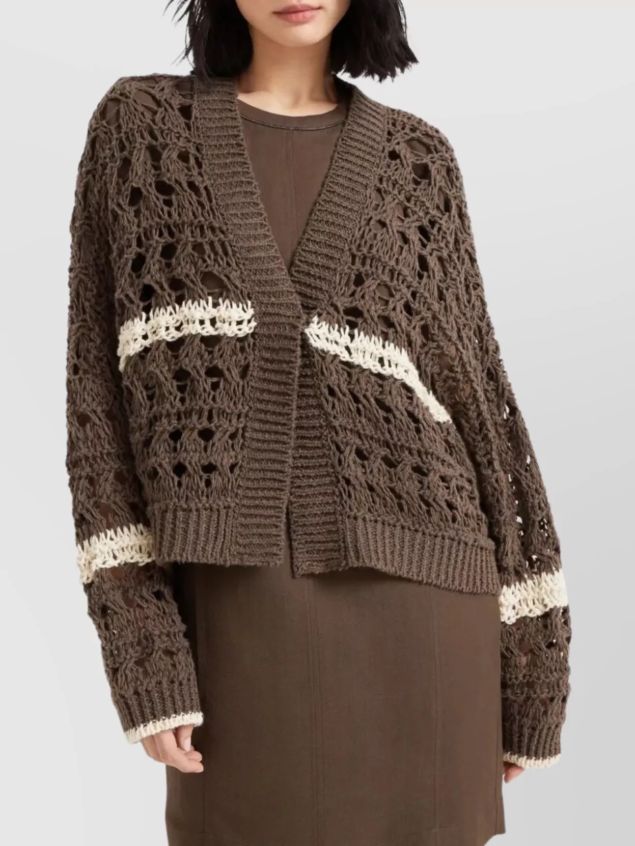Brunello Cucinelli Open Knit Long Sleeve Cardigan With Stripes