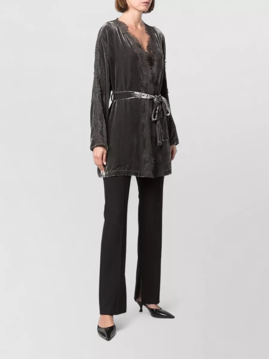 Gold Hawk Silk Velvet Lace Trim Belted Long Duster