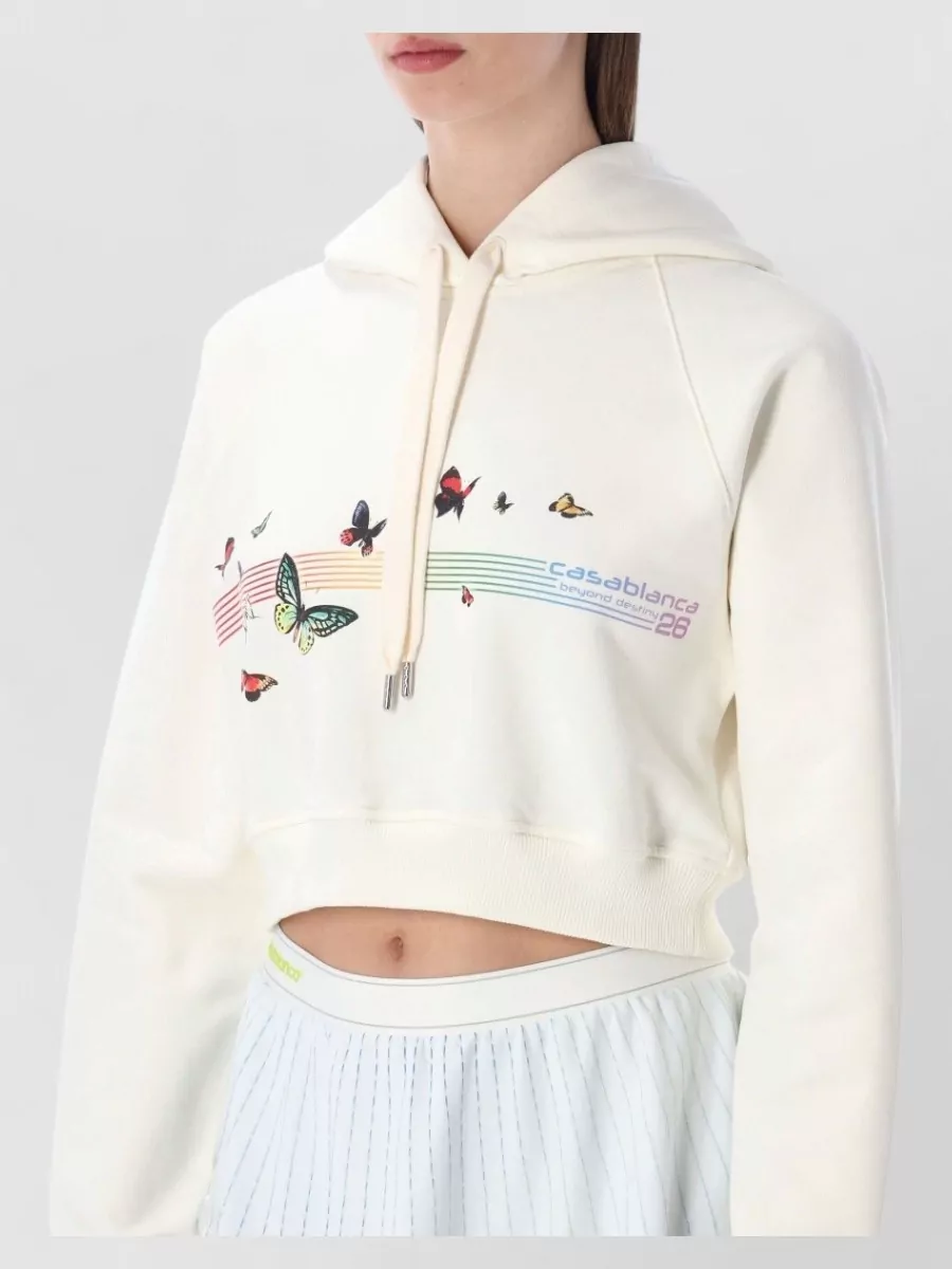 Casablanca Organic Cotton Cropped Butterfly-Print Hoodie