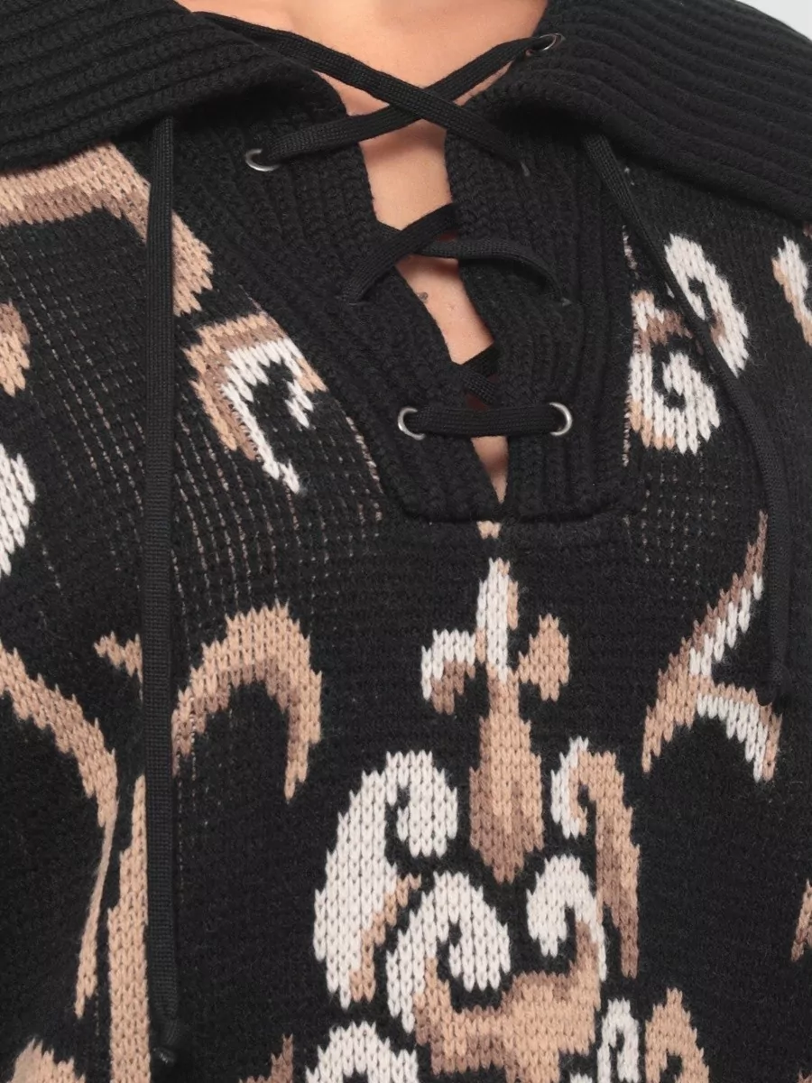 Etro Wool Intarsia-Knit Lace-Up Sweater