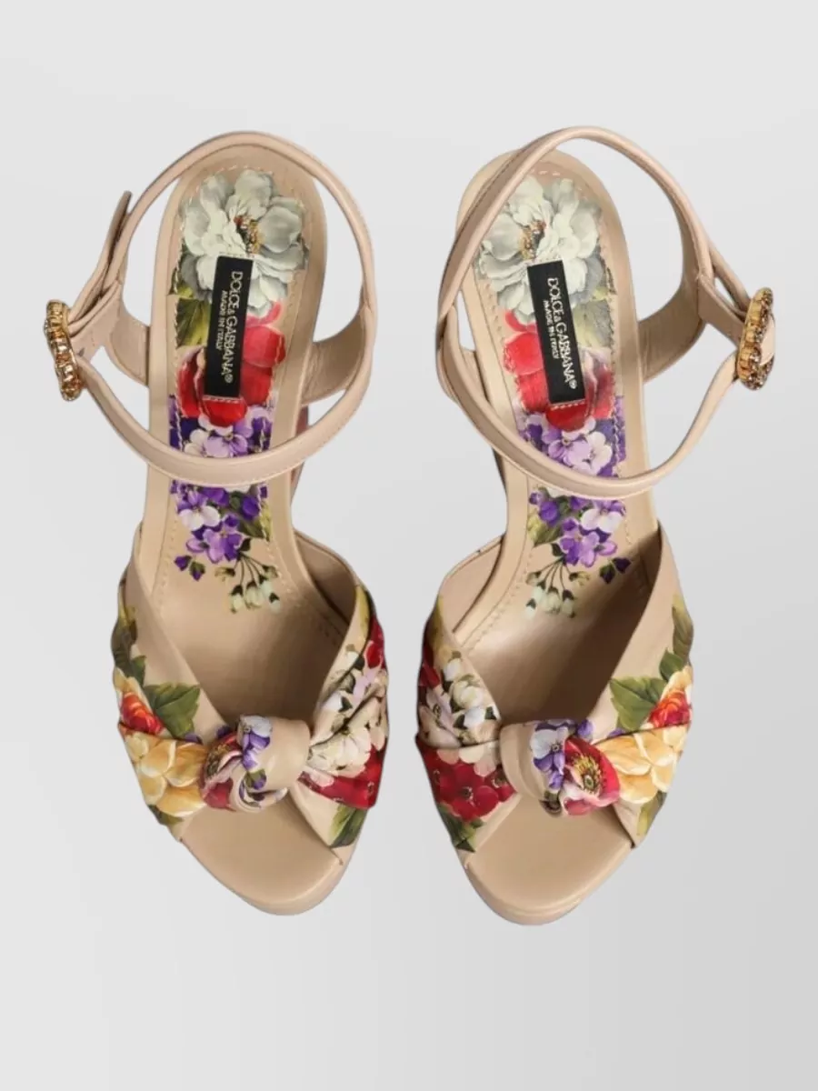 Dolce&Gabbana Leather Floral Ankle Strap Wedge Sandals