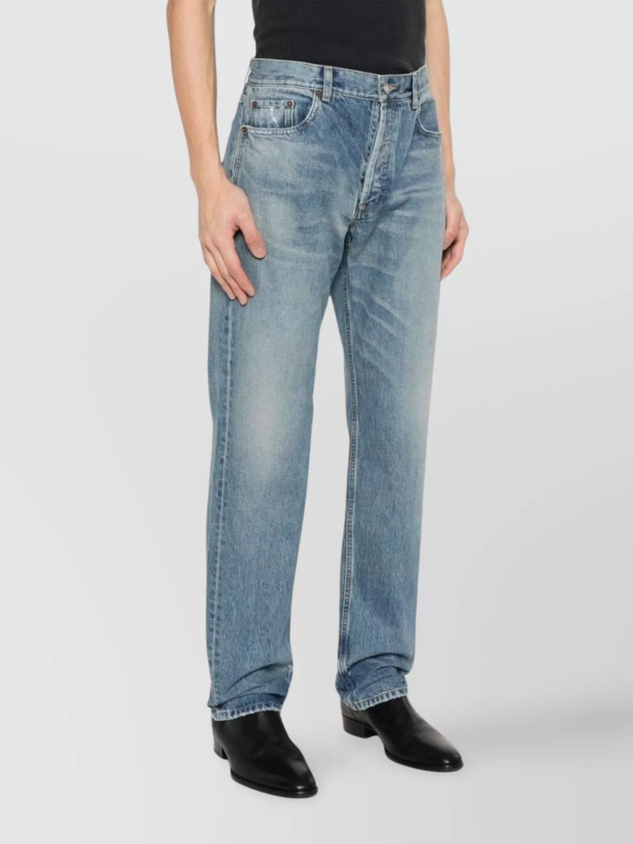 Saint Laurent Stonewashed Distressed Straight Jeans In Blue