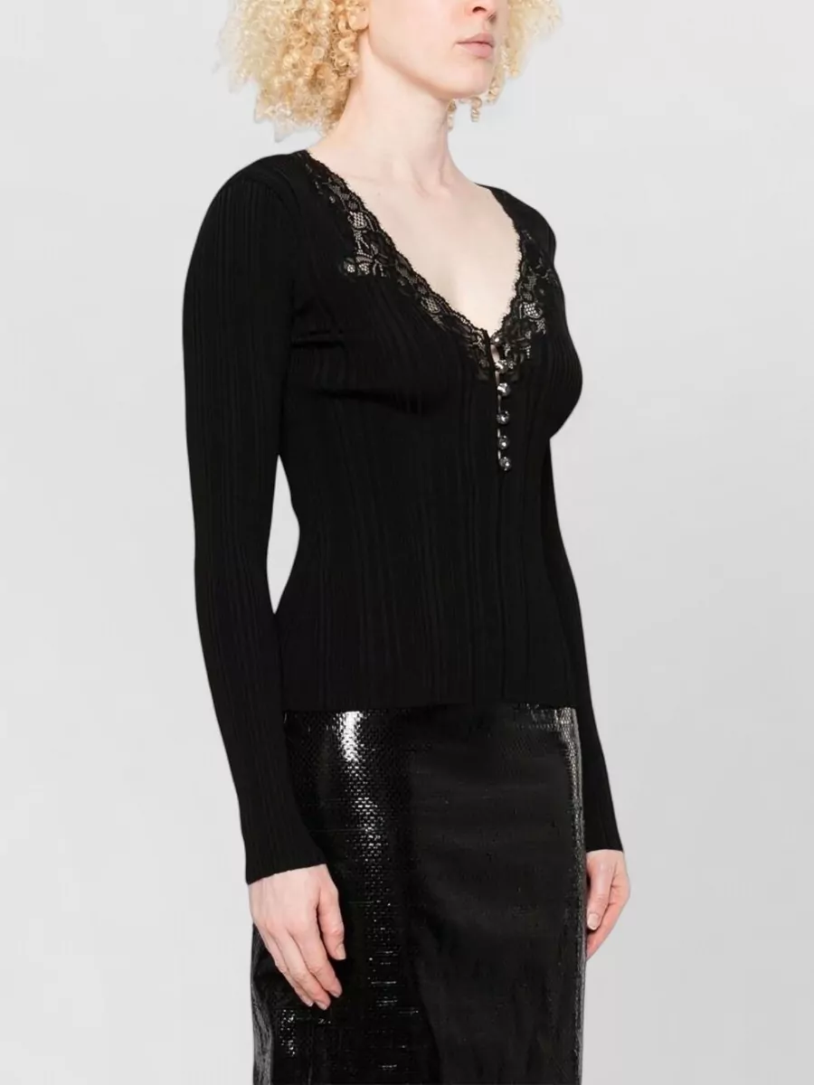 Self-Portrait Ribbed Lace Trim V-Neck Button-Front Knitted Top