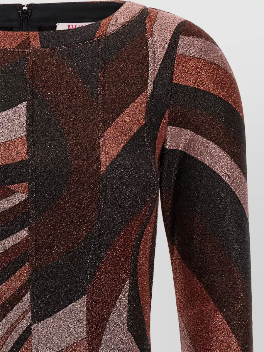 Pucci Metallic Knit Iride Print Boat Neck 3/4 Sleeve Mini Dress