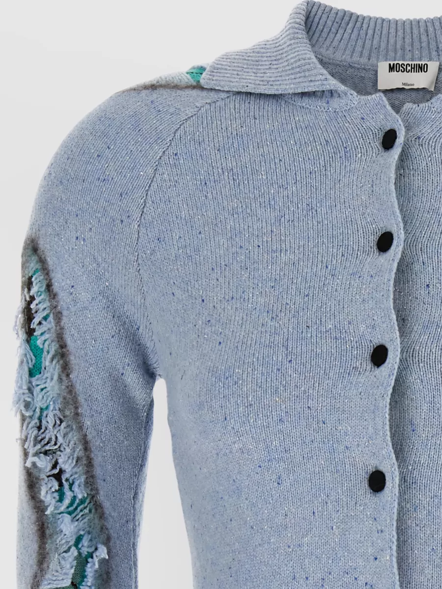 Moschino Silk Wool Fine-Knit Distressed Argyle Cardigan
