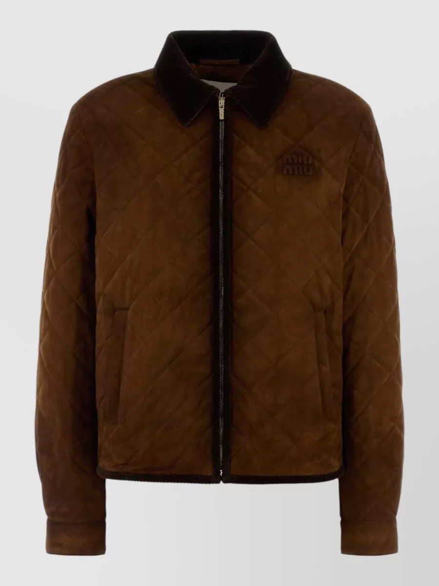 Miu Miu Suede Jacket Quilted Design Ribbed Collar