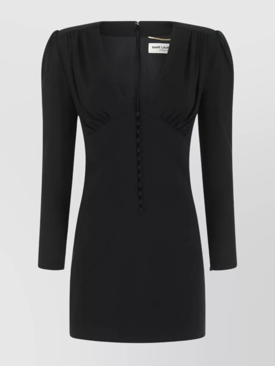 Shop Saint Laurent Sleeve V-neck Mini Dress With Button Accents In Black