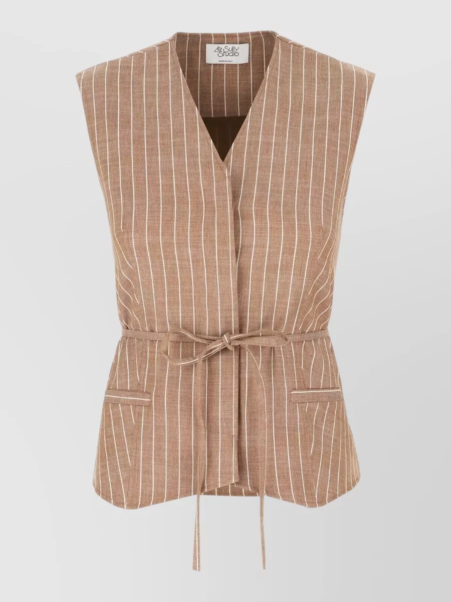 Le Sully Studio Striped Sleeveless Jacket Gilet Belted Waist