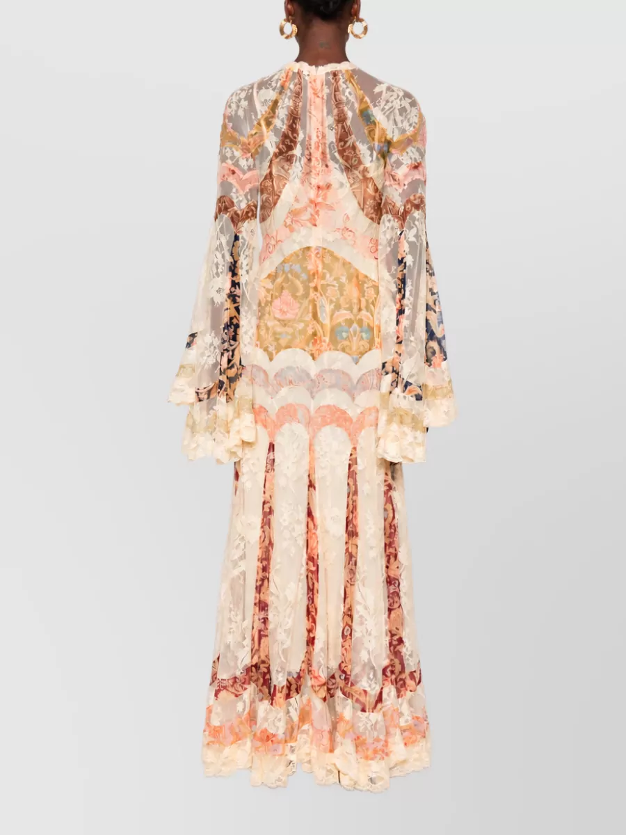 Zimmermann Floral-Print Lace-Paneled High-Neck Long-Sleeve Flared-Hem Maxi Dress