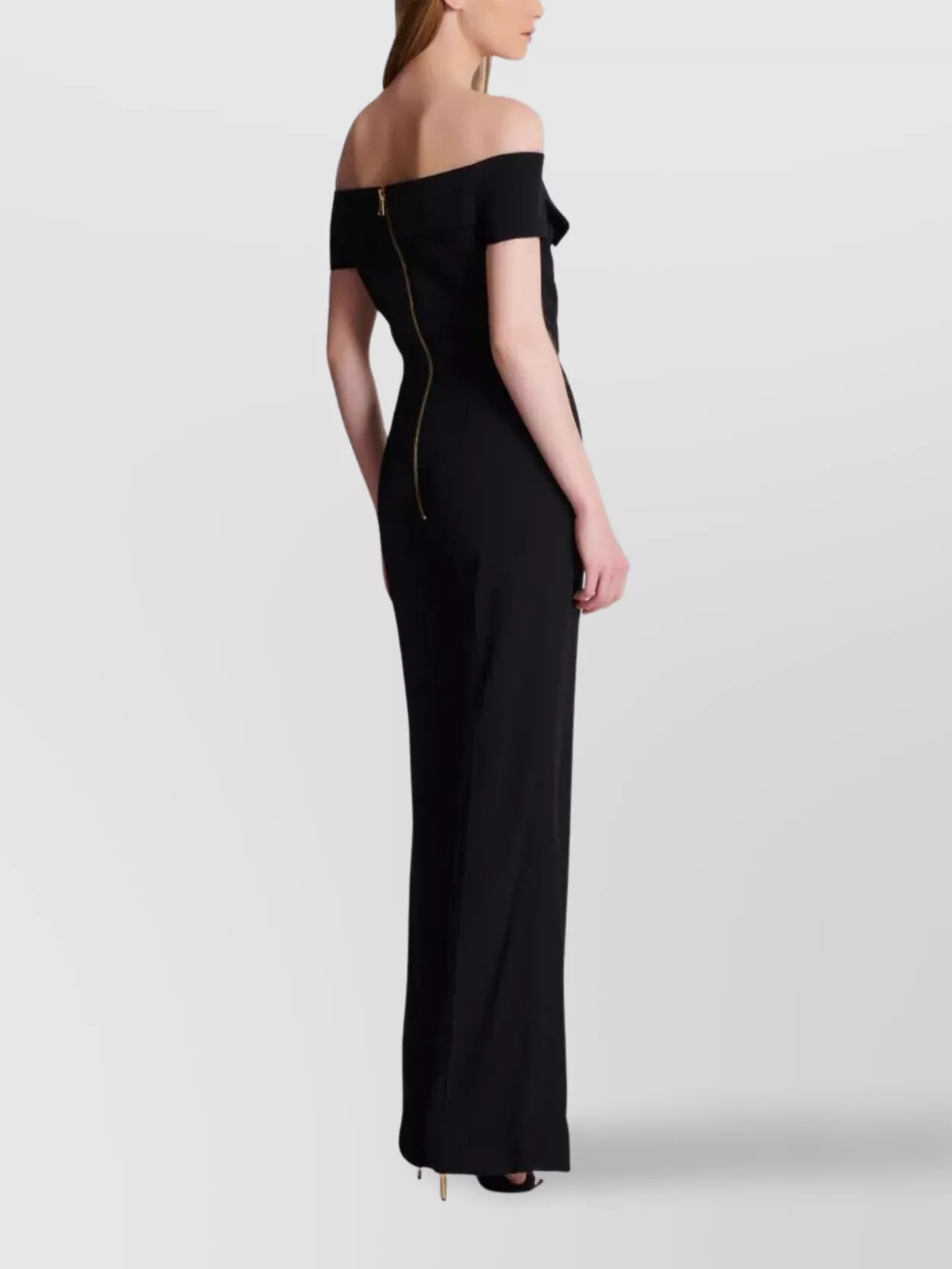 Balmain Flare Crepe Jumpsuit Off-Shoulders