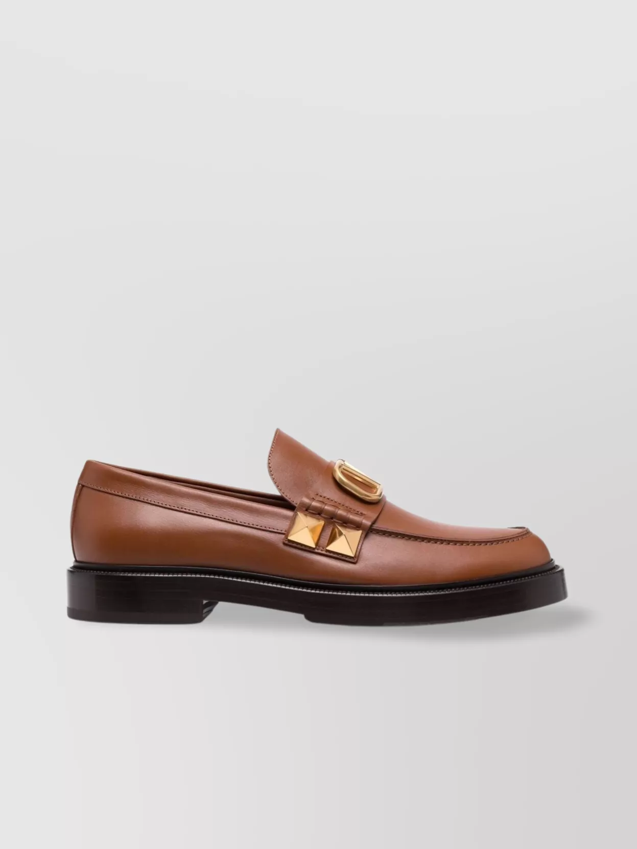 Shop Valentino Almond Toe Leather Loafers With Stacked Heel In Brown