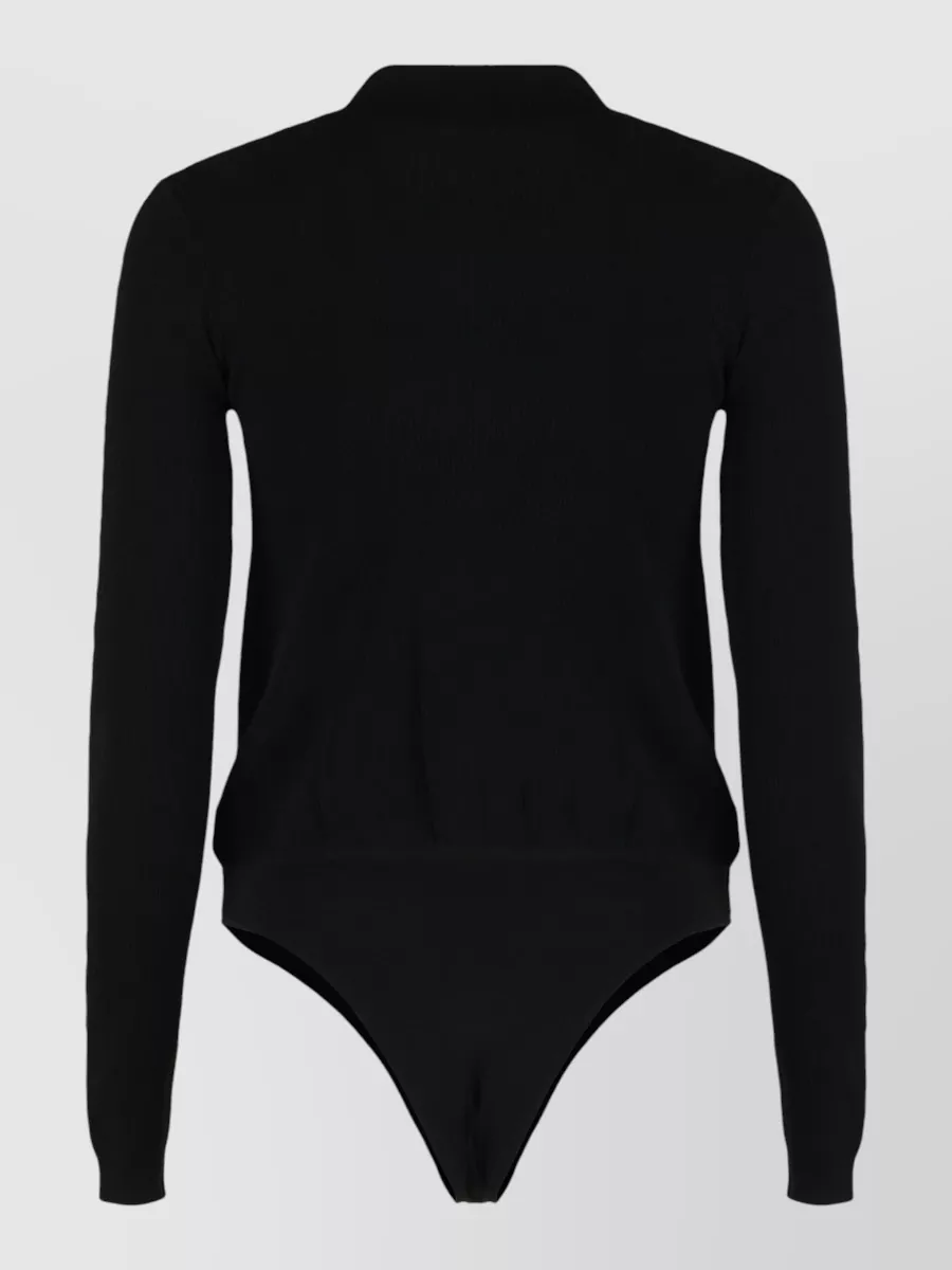Elisabetta Franchi Silk Blend Ribbed Wrap V-Neck Long-Sleeve Bodysuit