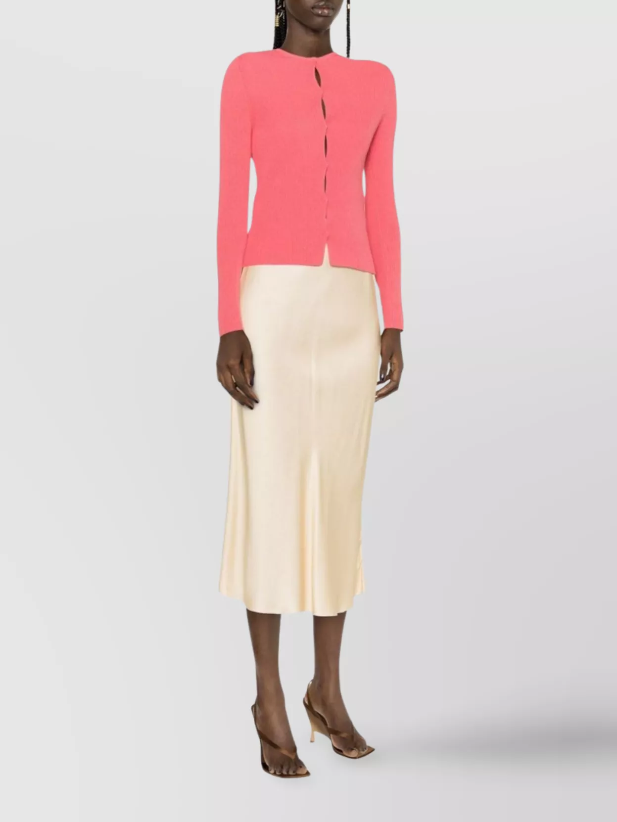 Fendi Ribbed Texture Long Sleeves Round Neck In Pink