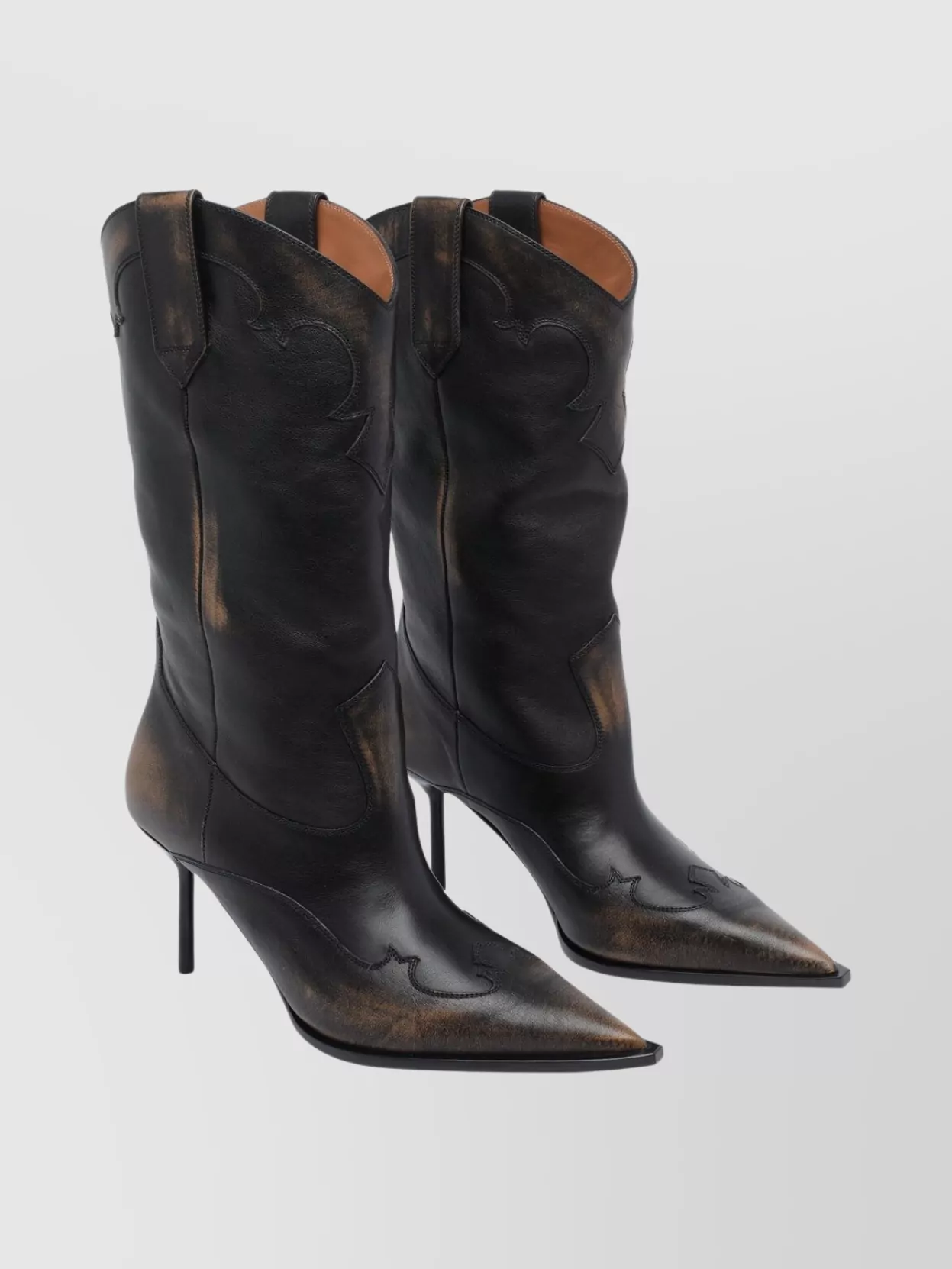 Paris Texas Western Style Mid-calf Leather Stiletto Boots In Brown