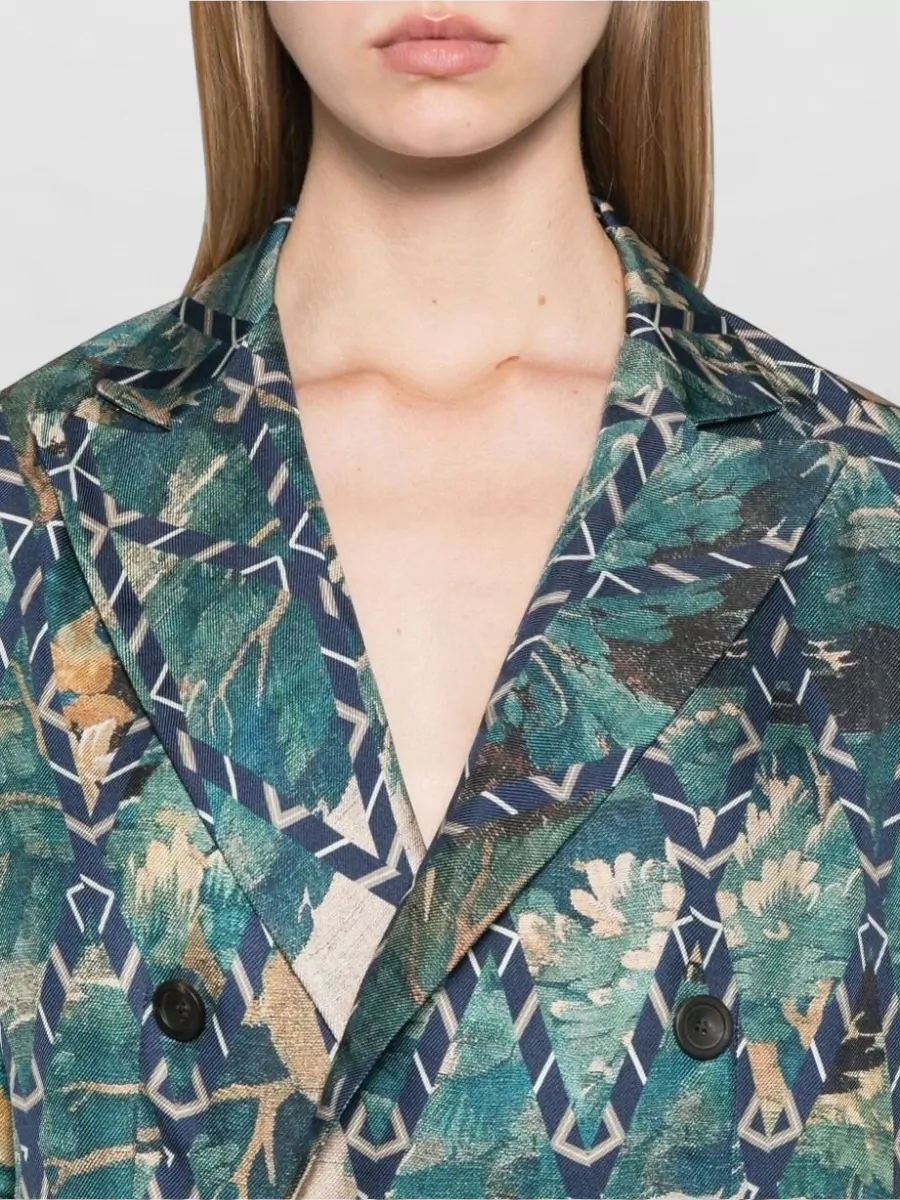 Pierre Louise Mascia Silk Textured Double-Breasted Geometric-Print Blazer