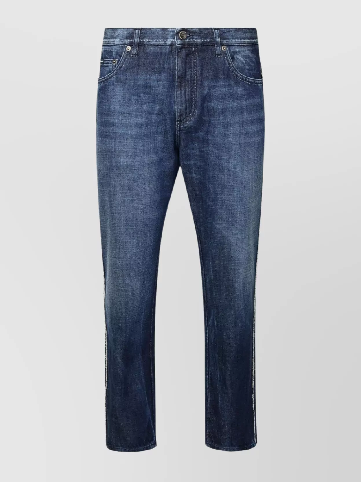 Shop Dolce & Gabbana Faded Stitched Cotton Jeans With Back Pockets