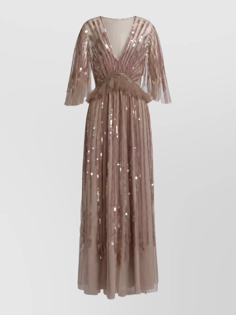 Alberta Ferretti Sequin-embroidered v-neck long-sleeve maxi dress — The Alberta Ferretti dusty-rose sequin gown mirrors the sandals’ blush, sparkle and romantic drama while its FW-appropriate sleeves and peplum keep the silhouette opulent but balanced rather than overtly bodycon.