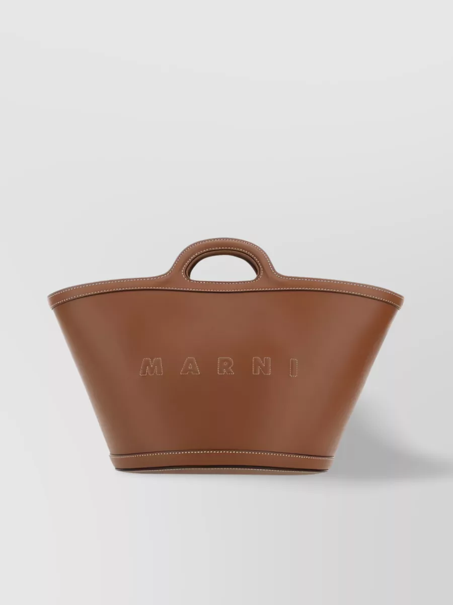 Shop Marni Embossed Logo Leather Tote In Brown