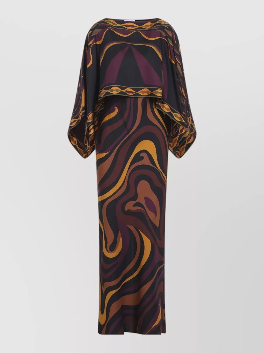 Pucci silk printed long dress with removable shoulder cape