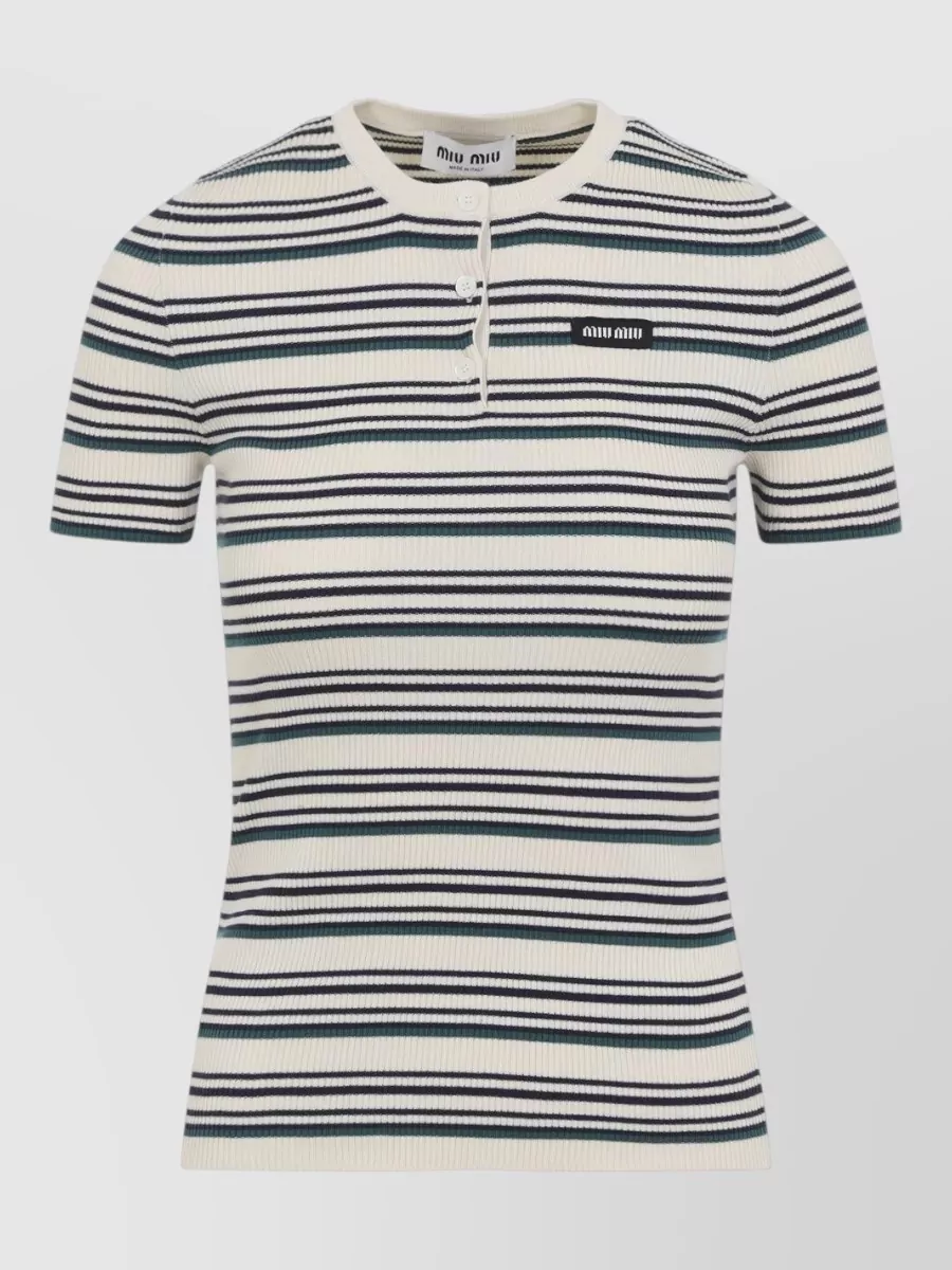 Miu Miu Striped Ribbed Cotton Short-Sleeve Crewneck Sweater