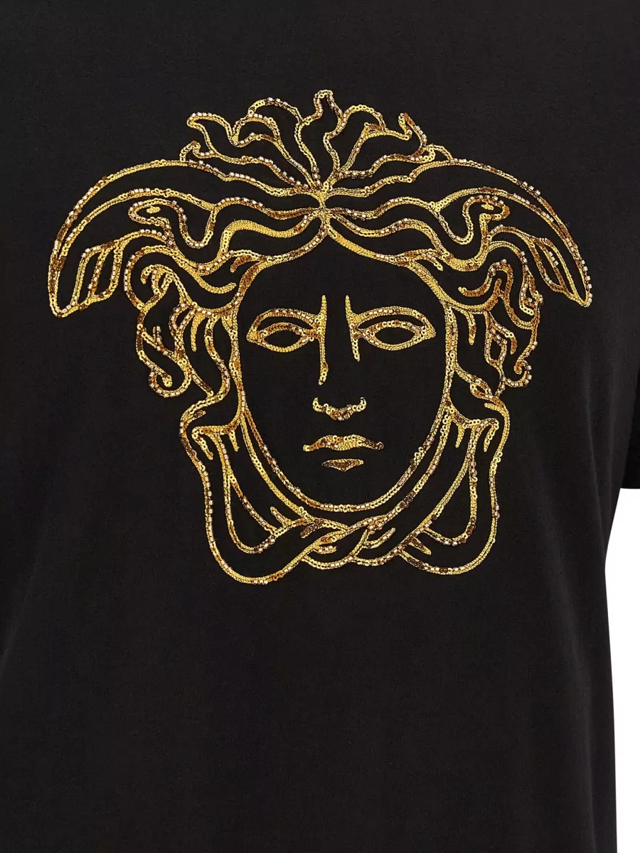 Versace Cotton Jersey Medusa Embroidered Short Sleeve T Shirt