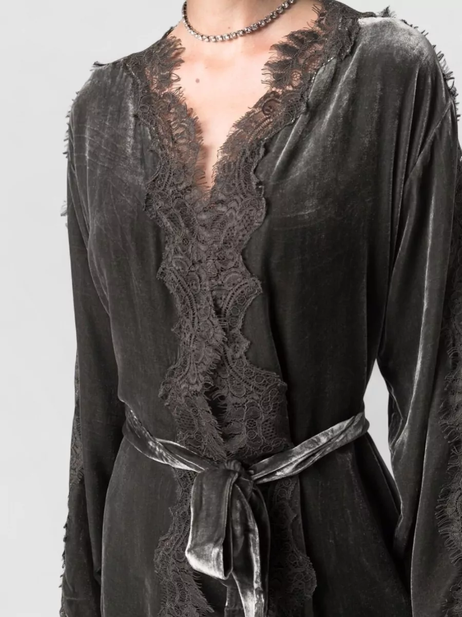 Gold Hawk Silk Velvet Lace Trim Belted Long Duster