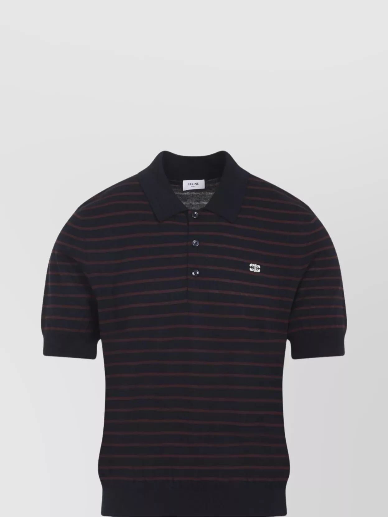 Celine Striped Short-Sleeved Polo Sweater With Ribbed Hem