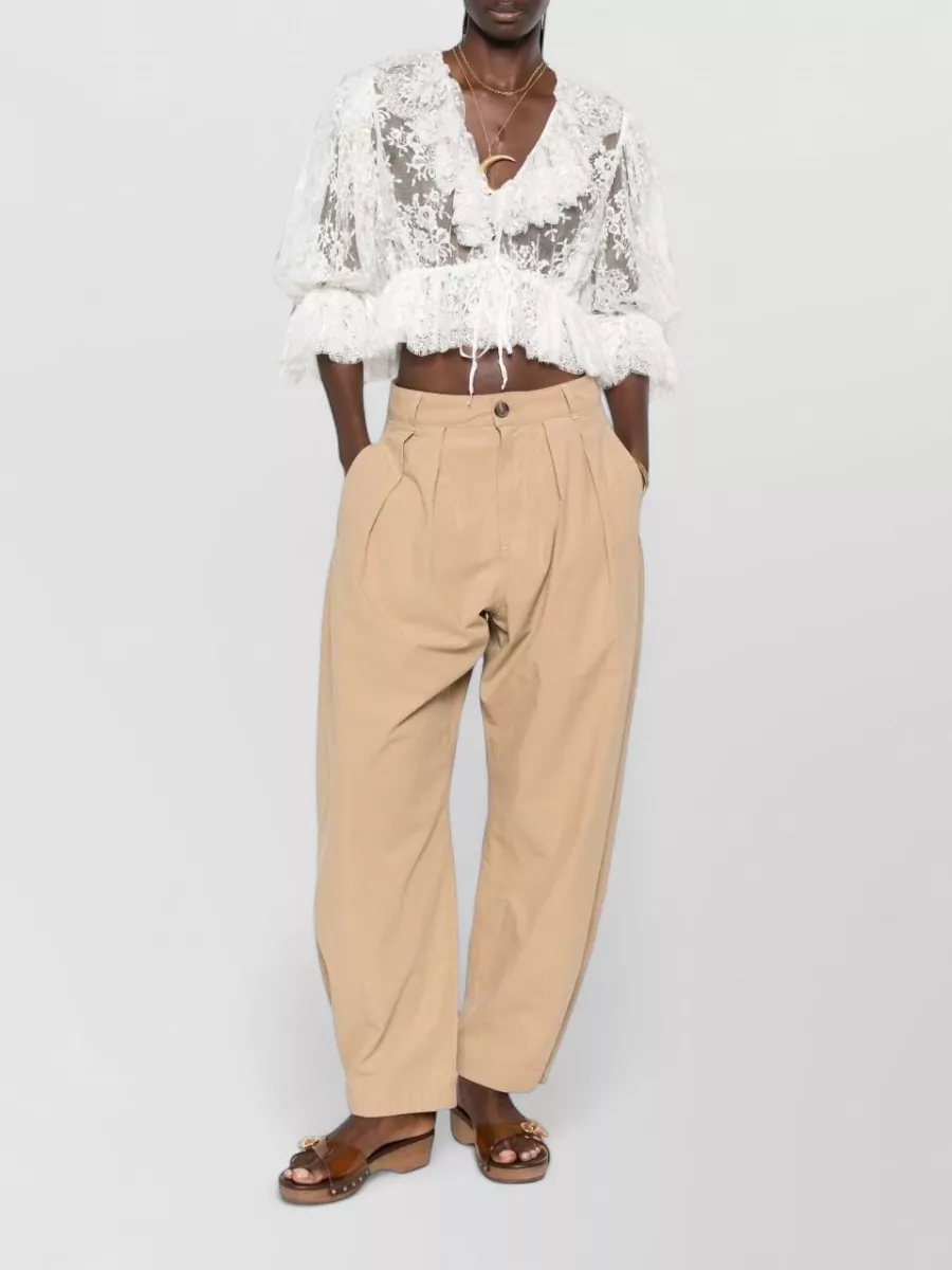 Chloé Silk V-Neck Cropped Puff-Sleeve Bodysuit