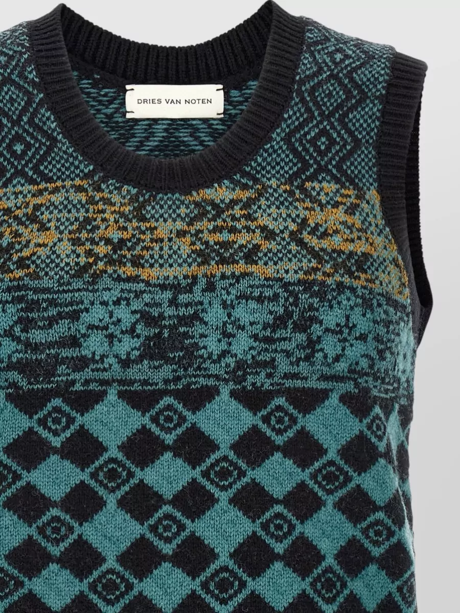 Dries Van Noten Wool Jacquard Geometric Sleeveless Vest