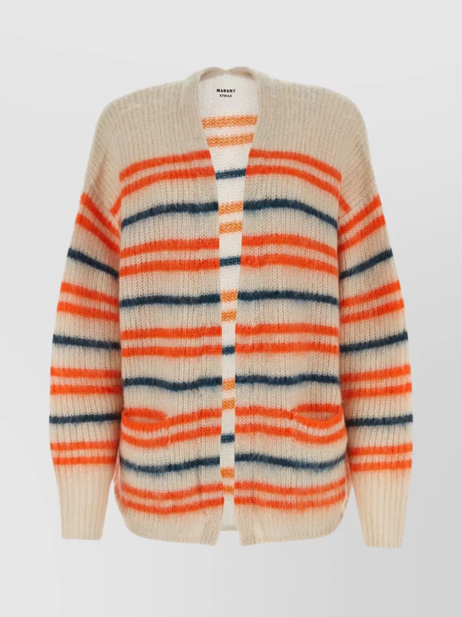ISABEL MARANT ÉTOILE STRIPED MOHAIR BLEND V-NECK CARDIGAN WITH EMBROIDERED ACCENTS