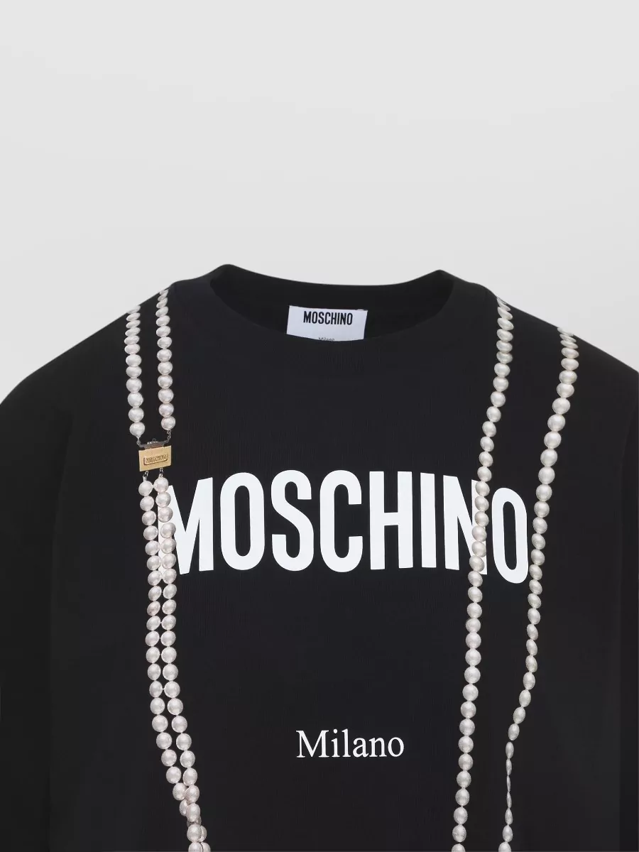 Moschino Crew Neck Graphic T-Shirt Pearl Embellishments