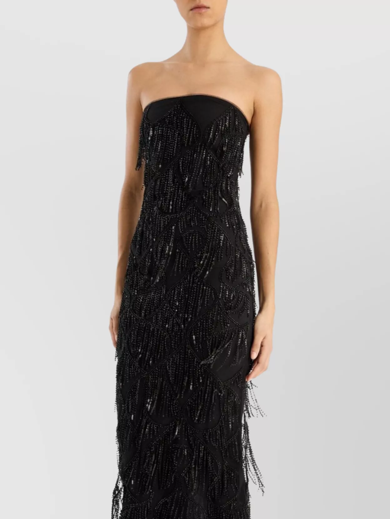 Rotate Strapless Midi Dress Sequin Fringe