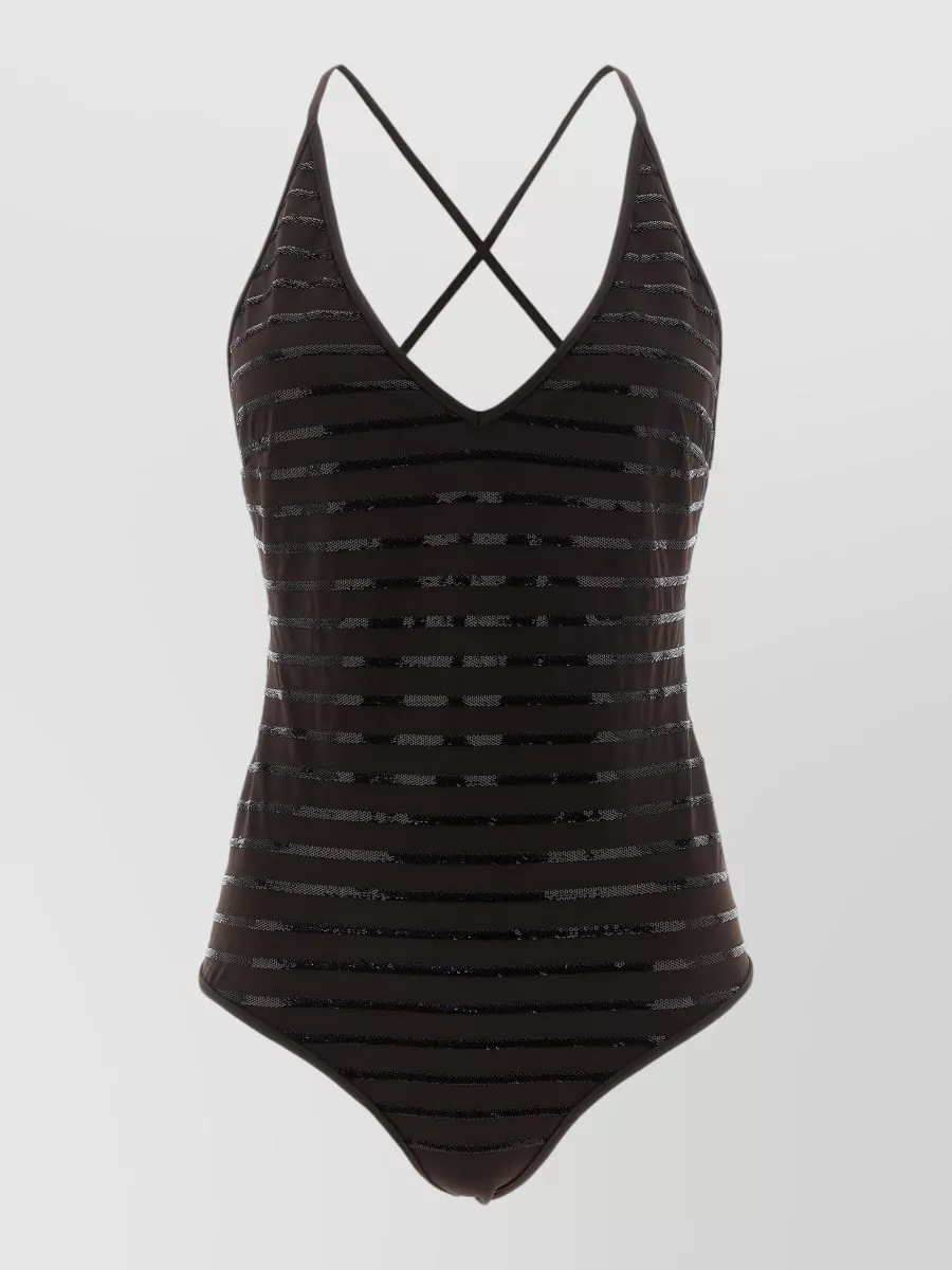 Brunello Cucinelli striped sequin v-neck one-piece swimsuit