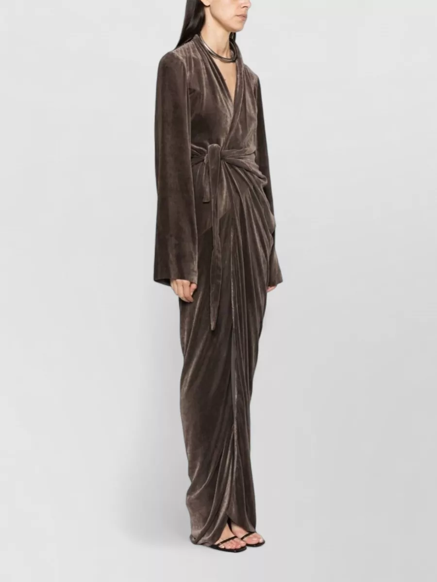 Rick Owens Silk Velvet Draped Wrap V-Neck Maxi Dress