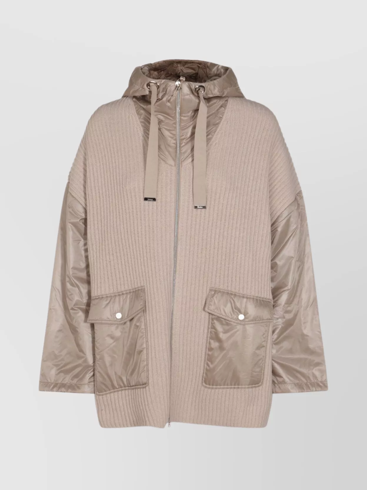Herno Ribbed Capes Hood Drawstring Detail Front Pockets In Brown