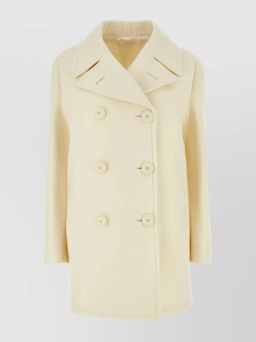 Shop Prada Back Slit Double-breasted Wool Blend Coat In Cream